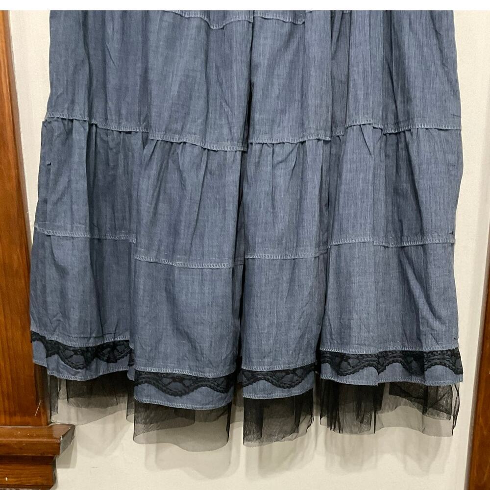Handmade Blue Tiered Blue Prairie Midi Skirt Elastic Waist Western Boho - Picture 6 of 6